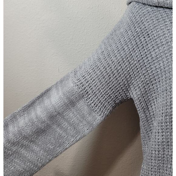 Planet Gold Gray Waffle Knit Drawstring Cowl Neck Sweater Large Lightweight Soft - Picture 2 of 5